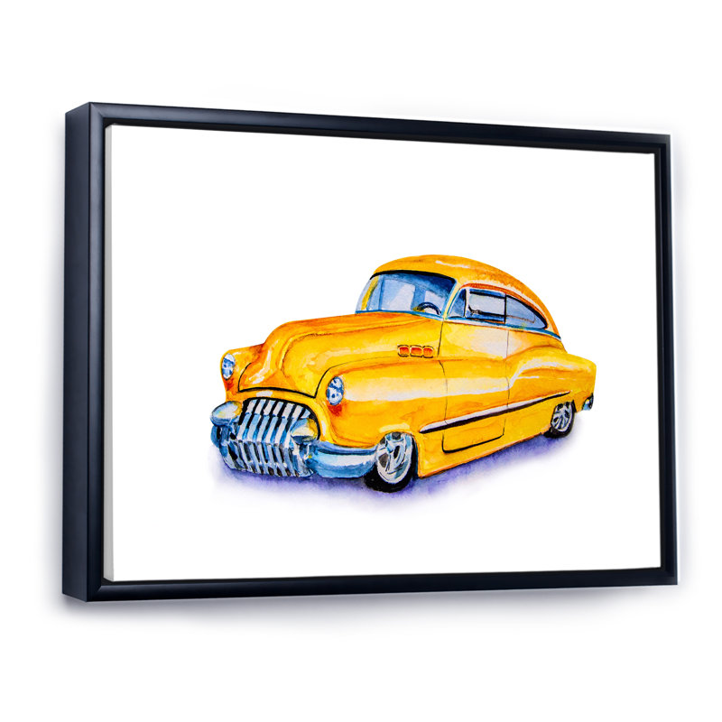 Voiture rétro jaune - peinture sur toile, H 25 po x l 33 po, Cadre noir
