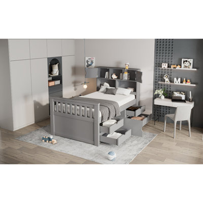 Structure de lit plateforme simple avec bibliothèques et tablettes de rangement, quatre tiroirs, gris