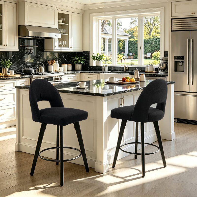 26" Upholstered Swivel Counter & Bar Stool with Solid Wood Frame, Black