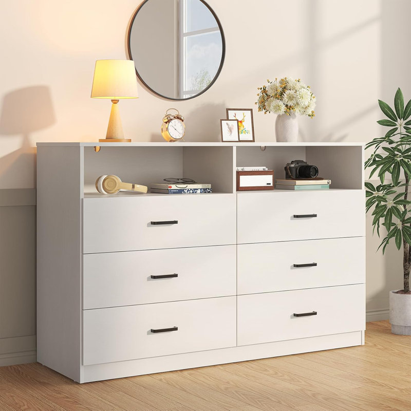 6 Drawers Dresser,Modern Storage Tower Dressers and Chests 2 Open Cubby,Large Organizer for Bedroom, White