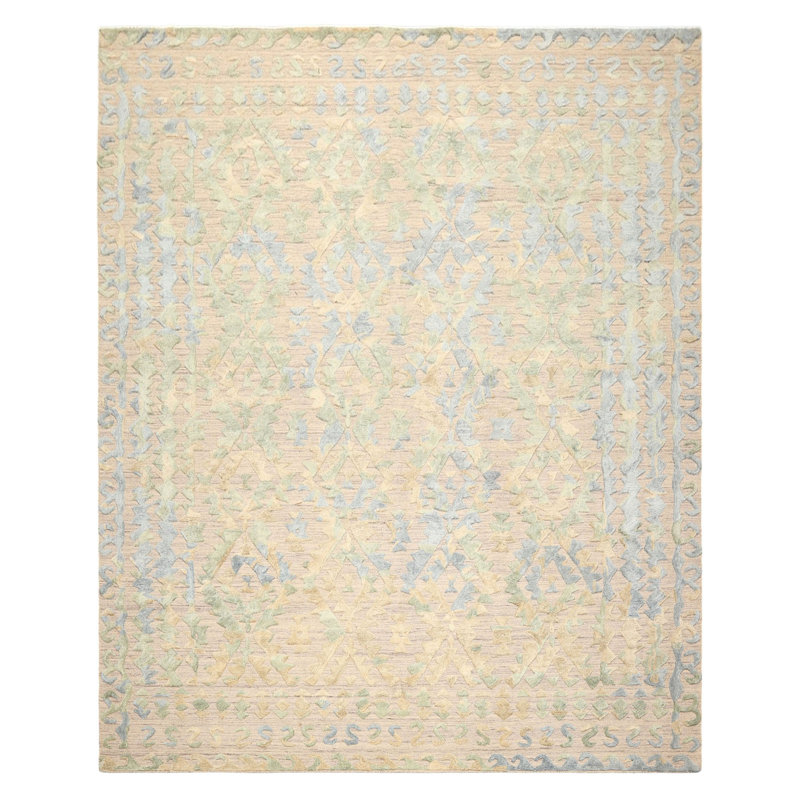 Tapis vert taupe en laine noué à la main 8 pi 3 po x 10 pi 2 po