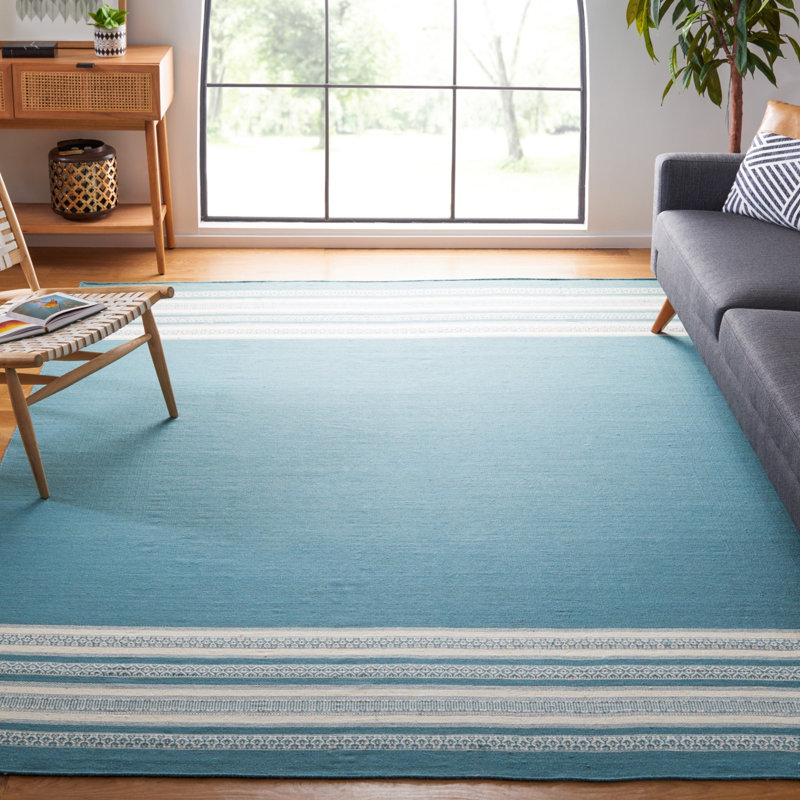 Rodgers Hand Woven Flat Weave Wool/Cotton Striped Rug in Turquoise, Rectangle 4' x 6'
