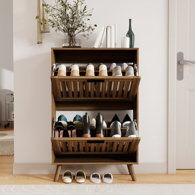 Armoire à chaussures en noyer avec 2 tiroirs rabattables, rangement pour chaussures moderne pour le vestibule