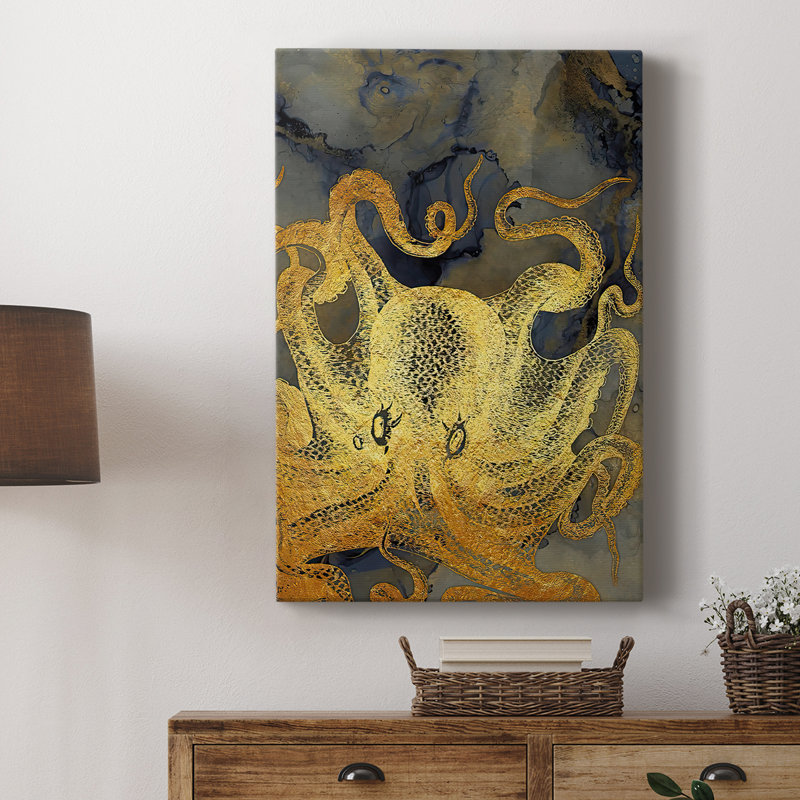 Pieuvre encre dorée et bleue II - galerie Cavas sur mesure, H 12 po x l 8 po
