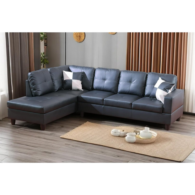 Bawan Faux Leather L-Shaped Sectional, Left Hand Facing, Black Faux Leather