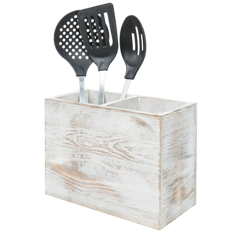 Wood Rectangle Utensil Crock, Rustic White