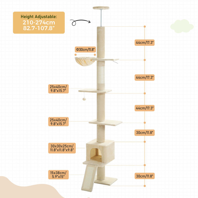 Tour pour chat à plusieurs niveaux, hauteur réglable, avec appartement pour chat, hamac, poteau à griffes et rampe, Beige