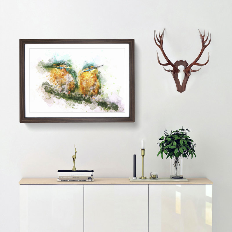 Pair of Kingfisher Birds in Abstract - Picture Frame Graphic Art Print, 27cm H x 36cm W x 2cm D, Walnut Framed