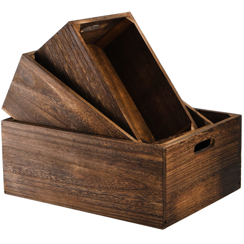 Ensemble de 3 caisses de rangement gigognes en bois avec poignées, panier de rangement en bois massif naturel fait à la main