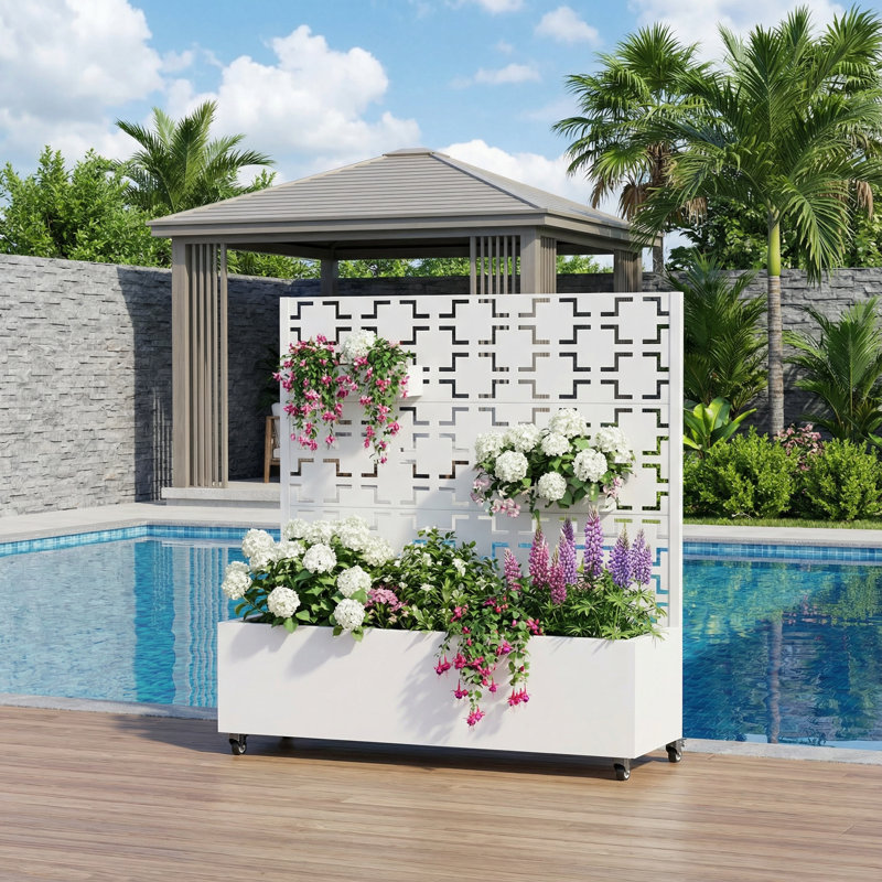 Boîte à fleurs en métal avec treillis et roues, H 47 po x l 47 po x P 16 po, Blanc