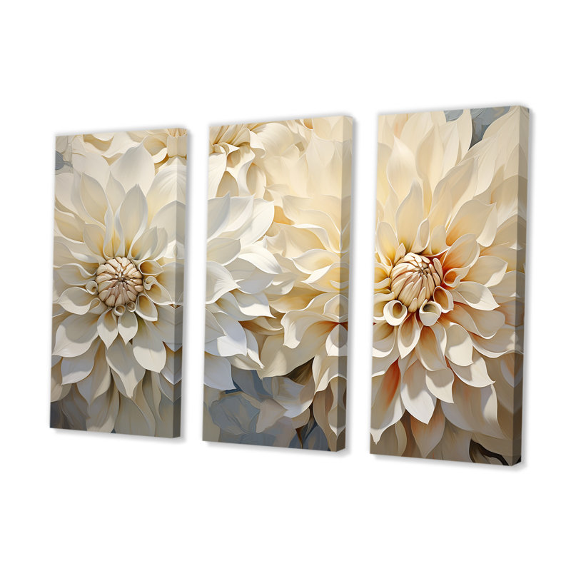 Fleurs blanches de dahlia minimaliste - ensemble d'art mural Dahlia, H 40 po x l 60 po x P 1 po