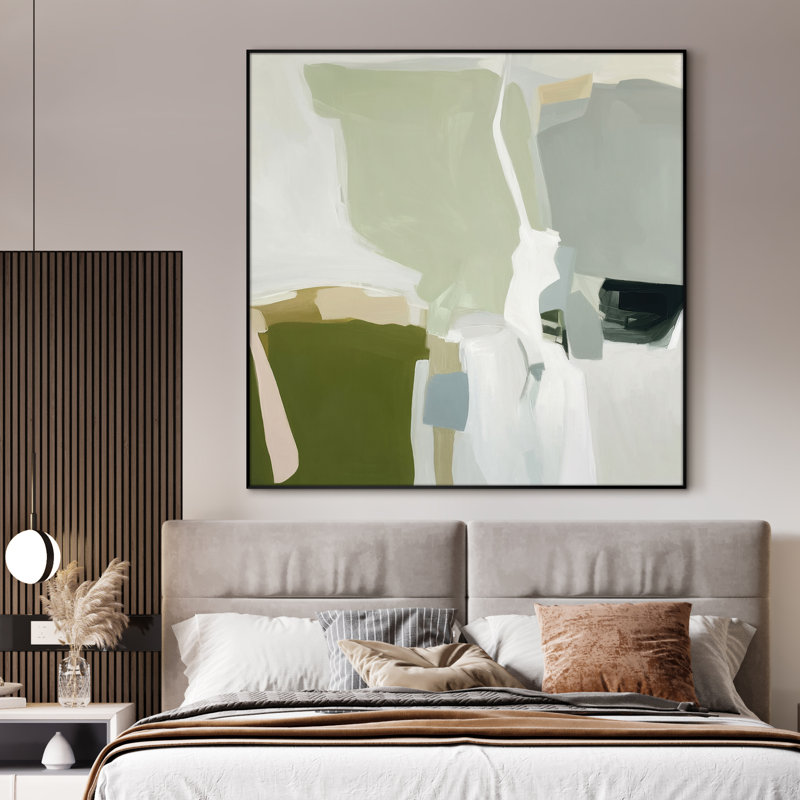 Très grand imprimé géométrique abstrait mural - formes vertes et neutres, décor moderne pour le salon ou la chambre à coucher, assemblage requis (assemblage requis)