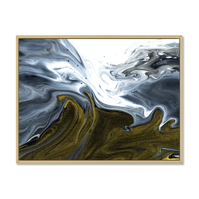 Marbre liquide noir, blanc et jaune I - peinture sur toile, H 34 po x l 44 po, Cadre flottant en érable