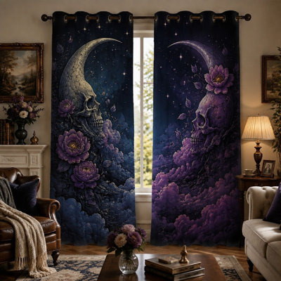 2Pcs, crâne gothique lune, imprimé floral, rideaux bloquant le soleil, fantaisie foncée, art mural céleste, décoration pour chambre à coucher, salon, maison
