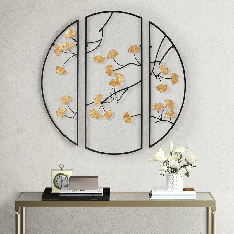 Magnifique décoration murale en métal à 3 feuilles de ginkgo doré