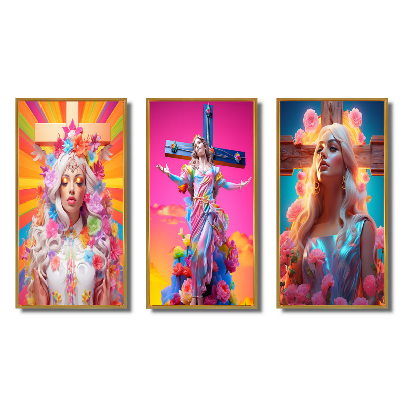 «Barbie Jesus Vibrant Rainbow Colors III», 3 pièces, Cadre flottant doré, H 36 po x l 28 po