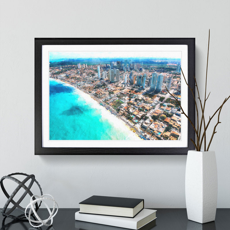 Skyline of Ponta Negra in Brazil - Picture Frame Graphic Art, 27cm H x 36cm W x 2cm D, Black Framed