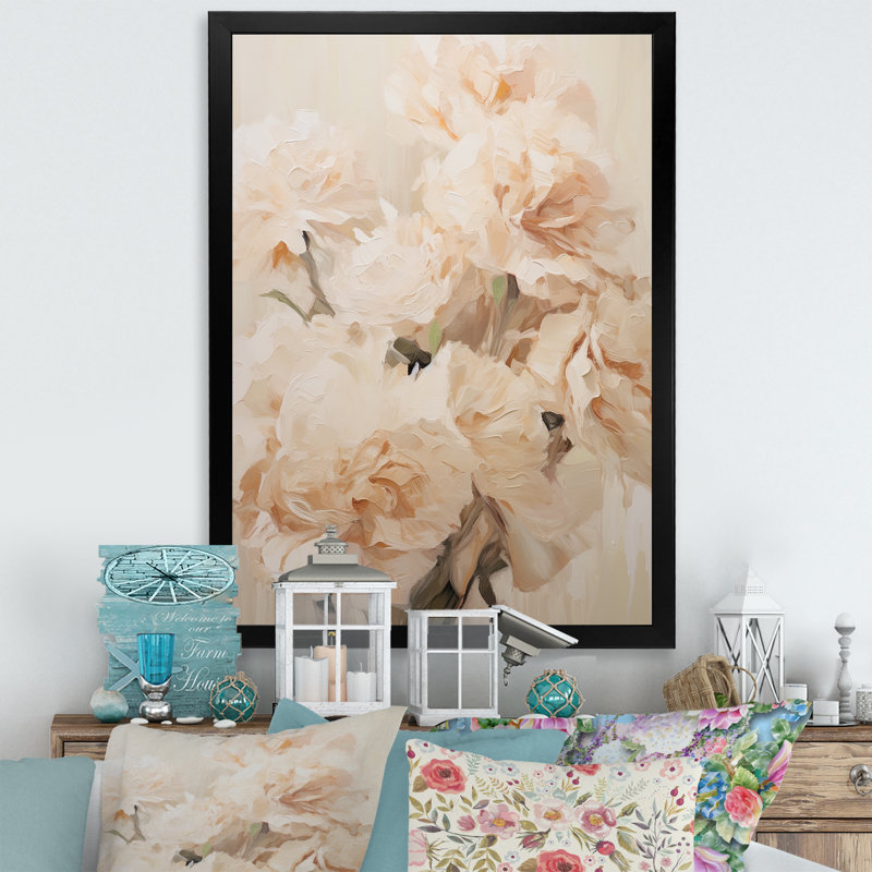 Arrangement d'œillets beige IV sur toile, H 32 po x l 16 po x P 1 po, Cadre simple noir