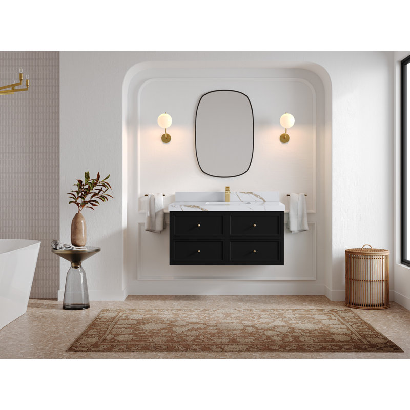 Roswell Floating 42'' Single Bathroom Vanity with Quartz Top, Calacatta Gold