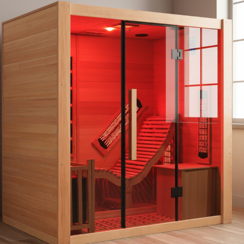 SMARTMAK Dual System Sauna, Wooden Steam Room with Recliner or 1 Person Indoor Infrared Home Sauna, Indoor Saunas for Home with 220V, 4.5W Steam Sauna Heater, 7 Infrared Heaters, (Hemlock)