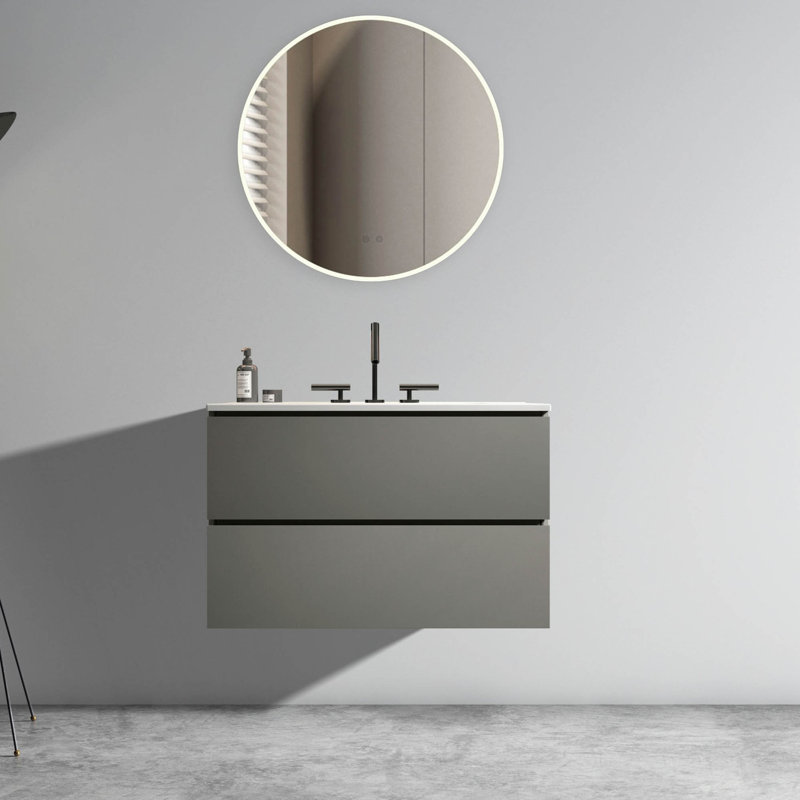 Meuble-lavabo mural gris de 30 po avec lavabo en céramique et trois trous de robinet, grand meuble-lavabo flottant de rangement pour salle de bain moderne, pré-assemblé