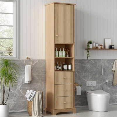 67.7" Tall Traditional Bathroom Storage Cabinet With Door, 3 Drawers, Adjustable Shelf & Open Compartment, Gold Handles