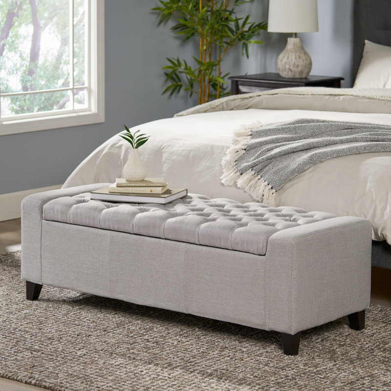 Light Gray Tufted Fabric Storage Ottoman Bench