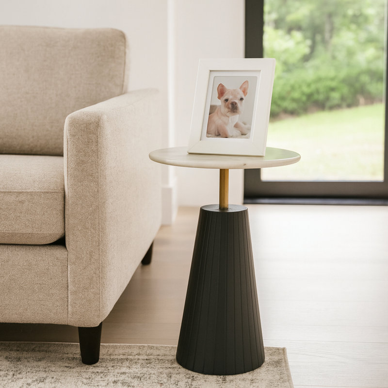 Timeless Marble Top End Table with Sleek Fluted Base Accent – Compact Small Side Table for Home, Covered Patio, or Living Room End Tables – Everyday Elegance as Stylish Narrow End Table – 22"