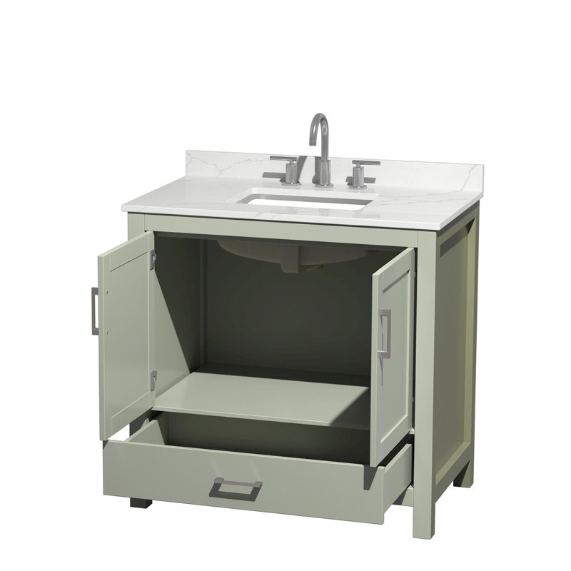 Sheffield 36" Freestanding Single Bathroom Vanity with Quartz Top, Green, Brushed Nickel, White Quartz