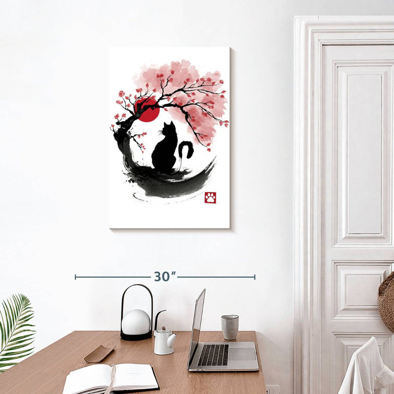 Brampt Sakura Cat Sumi-E, 30" H x 20" W
