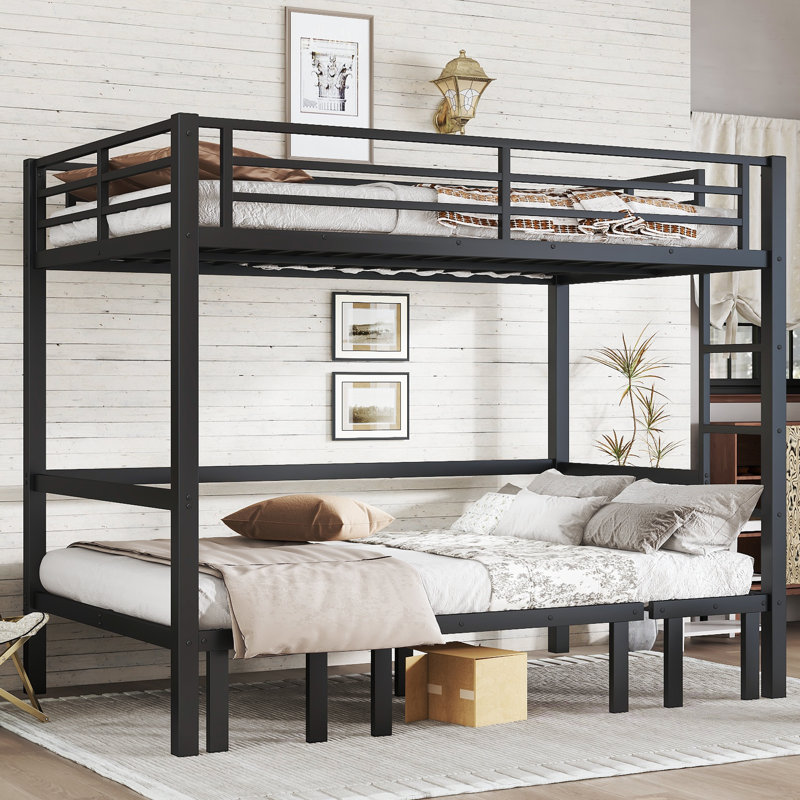 Full over Full Pull-Out Bunk Bed with Safety Rails, Lower Bunk Slides in Three Sections, Black, Full over Full 