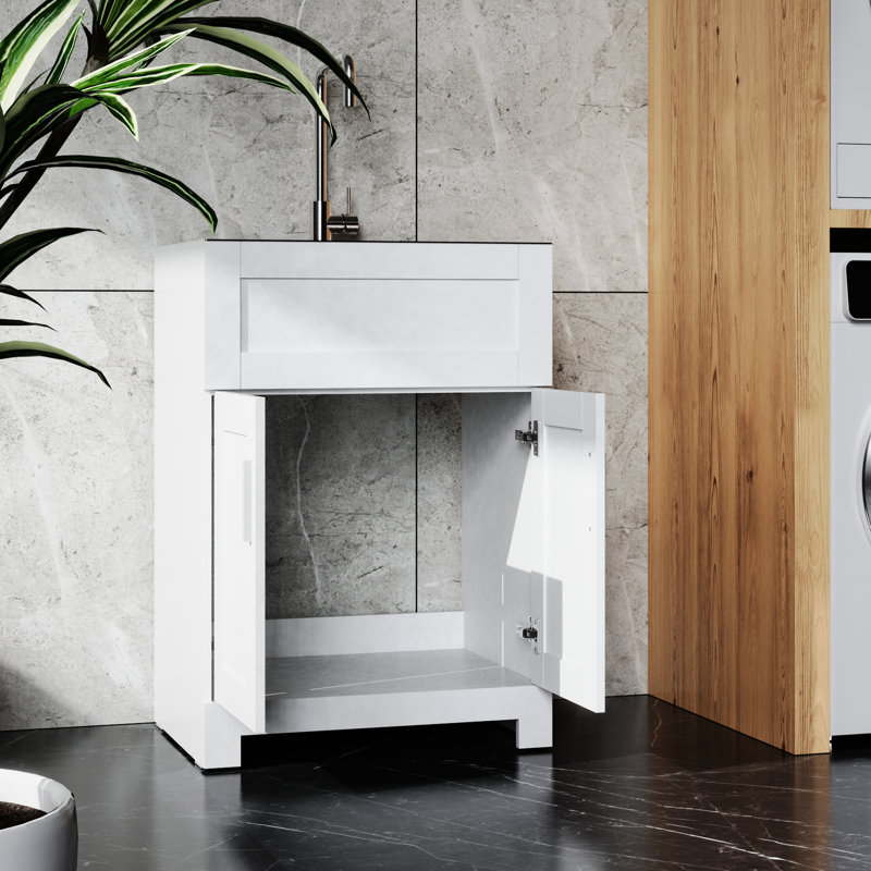 24In White Laundry Utility Cabinet - Stainless Steel Sink & Drain Firm Simple Assembly Tub Basin Robust Easy Clean Opportunity
