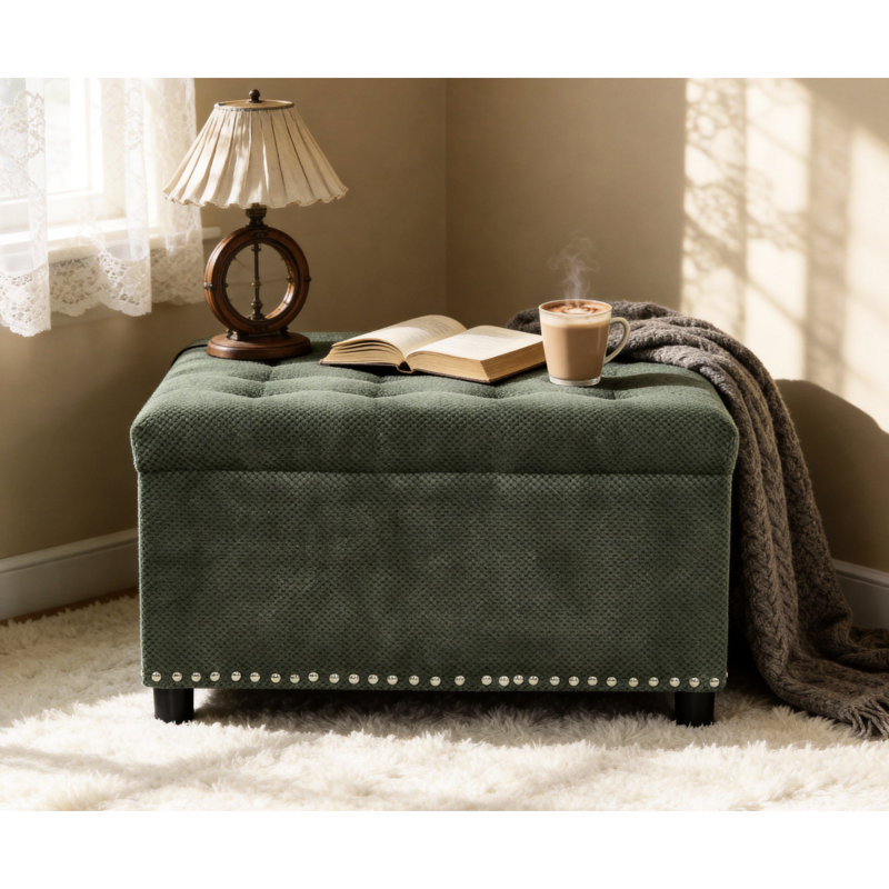 Repose-pieds carré avec rangement caché, garnitures cloutées, convient à plusieurs pièces, surface et décoration en tissu à usage moyen, bureau de chambre à coucher avec rangement, sièges moelleux