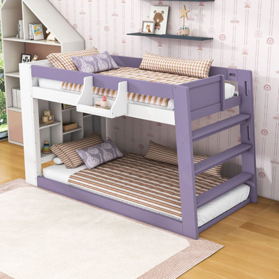 Twin Over Twin XL Bunk Bed with Shelves and Upper Guardrail Storage Basket