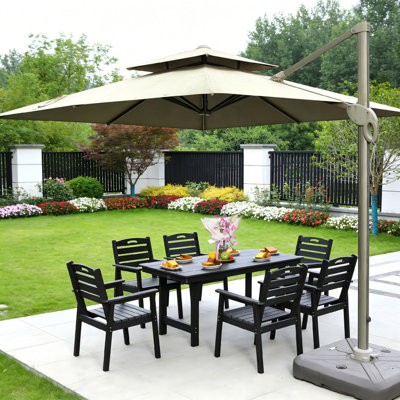 HDPE Outdoor Patio Dining Set, One Table and Six Chairs with Sunshade Holes for Gardens, Backyards, and Pool