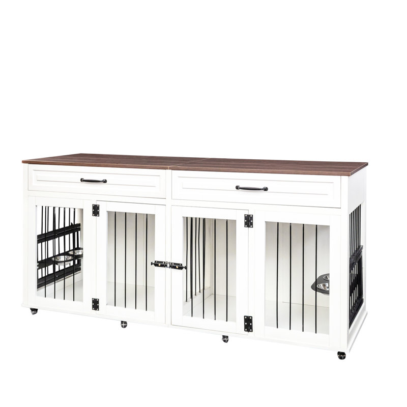 Abri pour chien à double porte - style meuble en noyer blanc pour grands chiens de taille moyenne à moyenne et avec clôture sécurisée