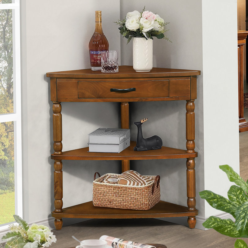 33.8'' Small Triangle Corner Table, Wood Corner Side Table For Small Spaces/ Living Room, 3 Tier End Corner Table With Solid Wood Legs, Brown