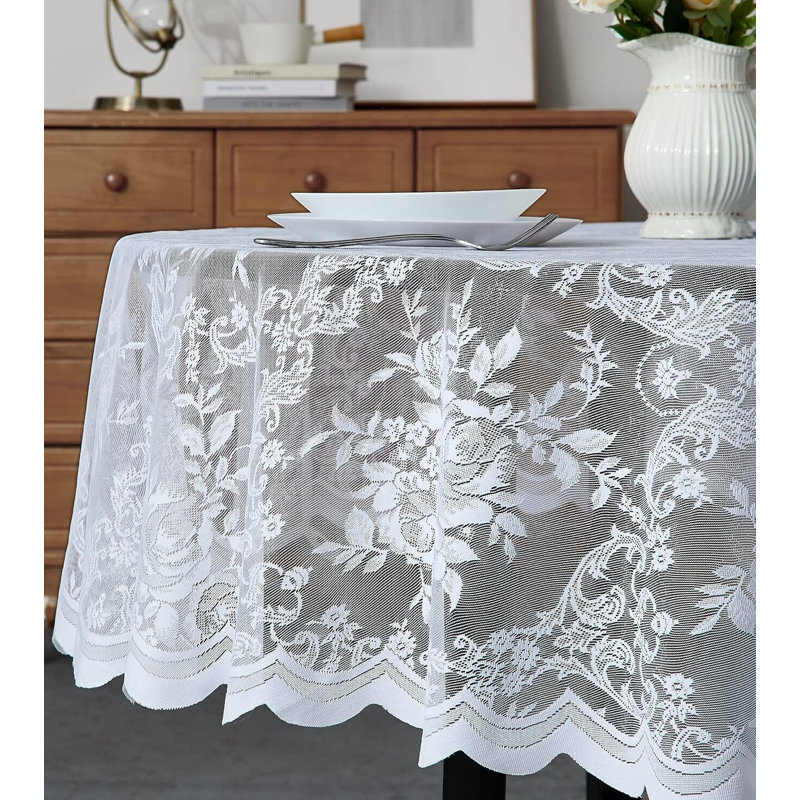 Lace Tablecloth With English Rose Design In 5 Sizes, White, 60" Square