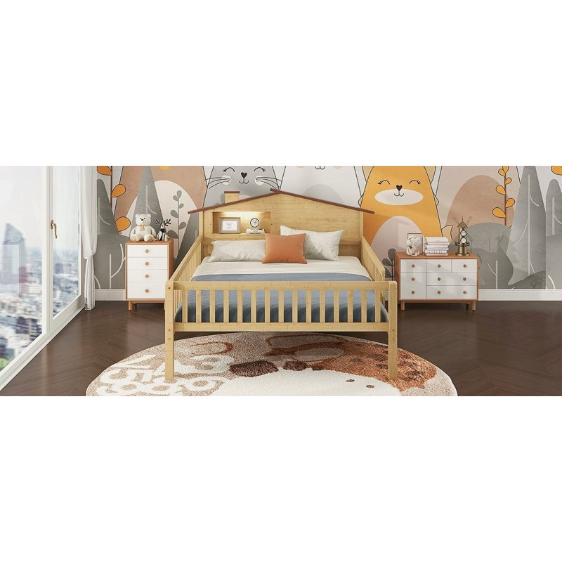 Lit plateforme en bois avec tête de lit Kitzie, rangement à DEL et rangement intégré, Lit double, Naturel