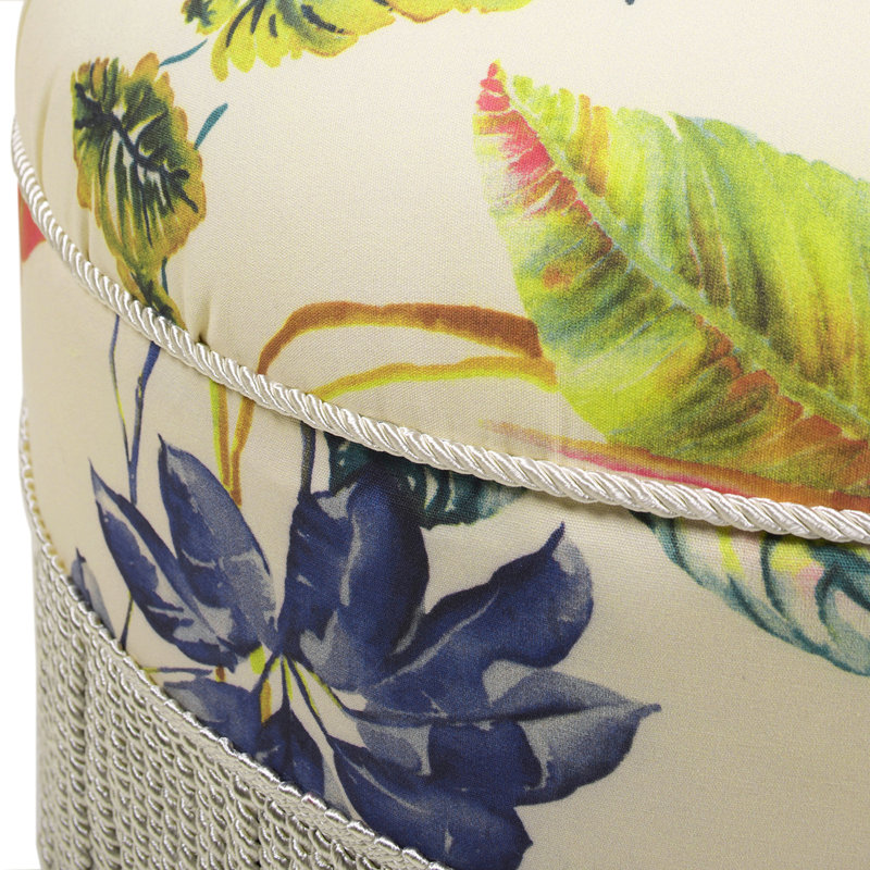 Neptune Upholstered Ottoman, Off White Floral Polyester/Ivory Trim