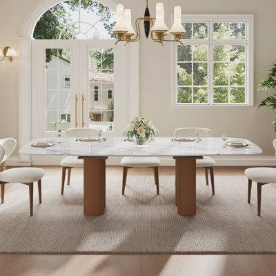 63-94.5" Modern Extendable Retangular Dining Table For 4-10, Sintered Stone Table Top, With Brown Wood Double Base