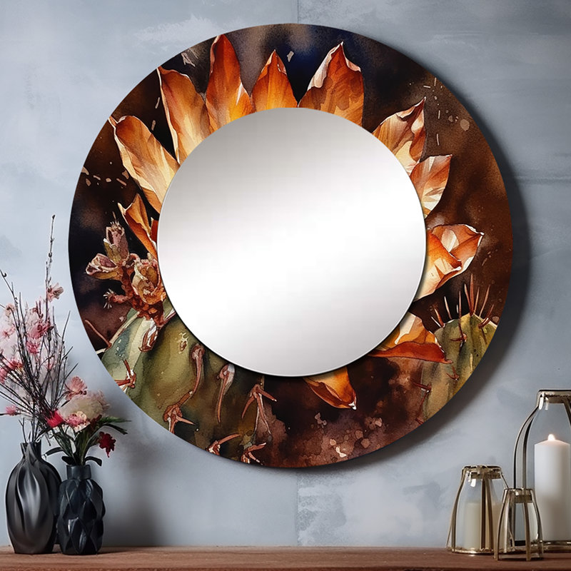 Fleur de cactus Plitt orange vert II - décor de miroir mural unique Cactus, 23 po x 23 po