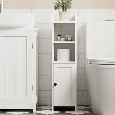 Petite armoire de coin de salle de bain - Blanc - Armoire de rangement avec porte et tablettes, support de papier hygiénique pour les espaces étroits et étroits