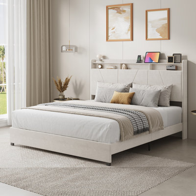 Lit plateforme tapissier à oreilles avec tête de lit rembourrée et rangement sous le lit