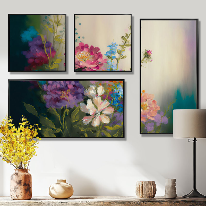 «Painted Blossoming Wildflowers III», art mural floral grand, 4 pièces, Impression encadrée sans passe-partout, Noir