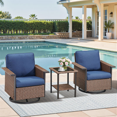 Ensemble de chaises berçantes pivotantes d'extérieur 3 pièces avec table d'appoint et chaises de patio coulissantes à accoudoirs larges pour porche ou terrasse