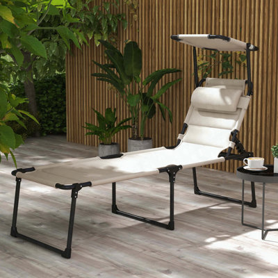 Folding Chaise Lounge Chair with Adjustable Backrest and Sunshade – Cream White