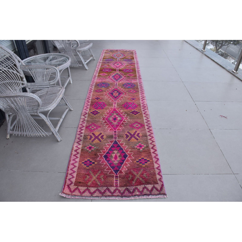 Handcrafted Vintage Turkish Runner Rug with Vibrant Pink Geometric Patterns for Unique Home Decor