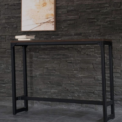 Minimalist Industrial American Bar/cocktail Table, Elongated Design To Save Floor Space In Different Living Zones, Dark Brown Wood And Metal Legs, 35.
