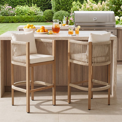 Ensemble de 2 chaises de patio et tabourets de bar en corde tissée avec accoudoirs pour l'intérieur et l'extérieur